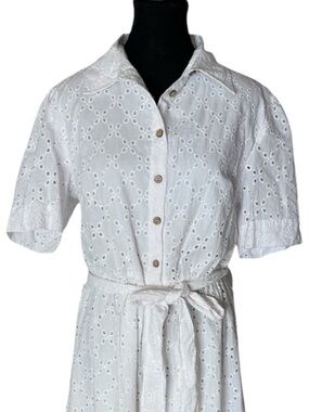 SILVER JEANS NeWhite English Embroidery Eyelet Button Shirt Midi Dress Large